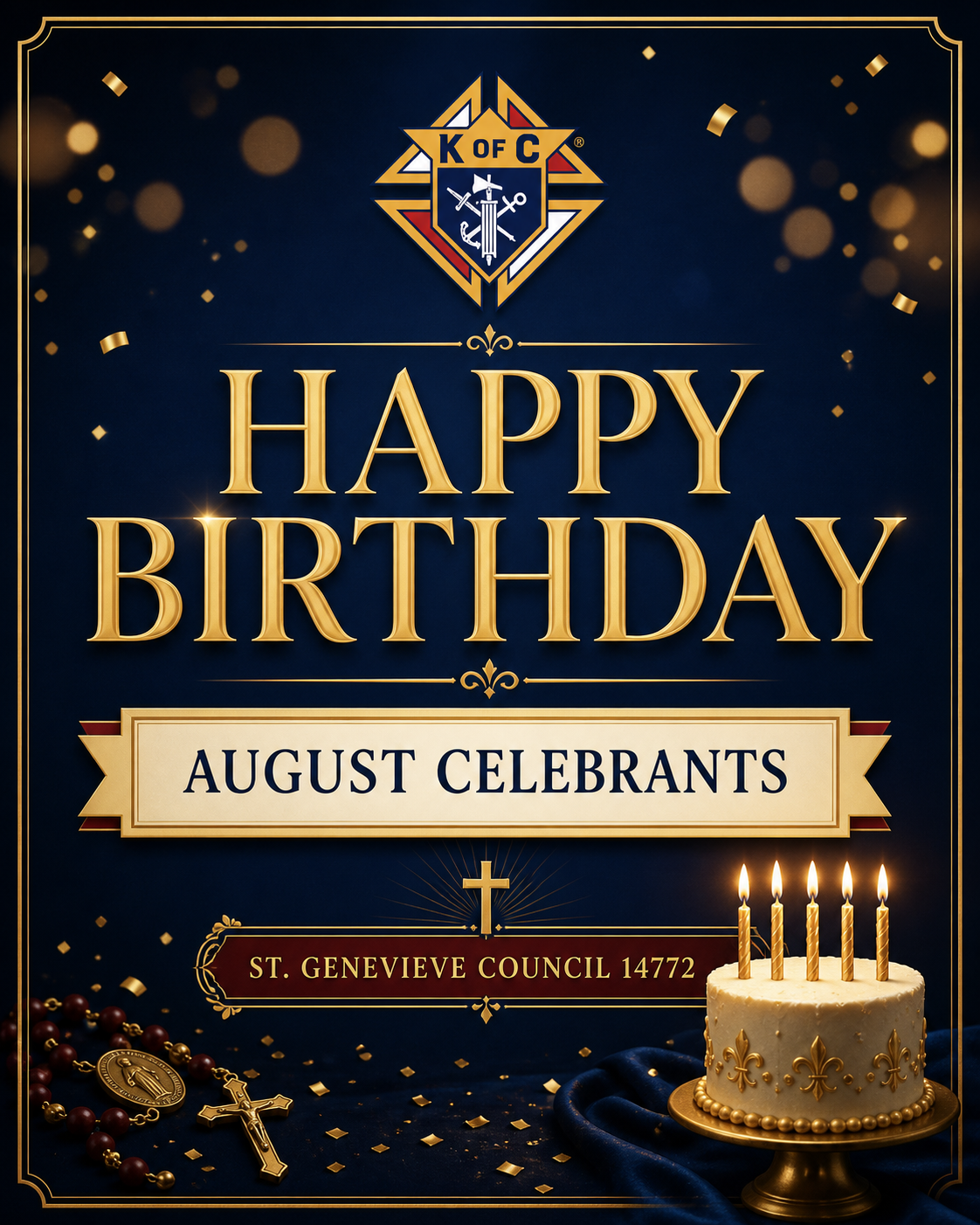 Happy Birthday greeting for the August celebrants of St. Genevieve Council 14772