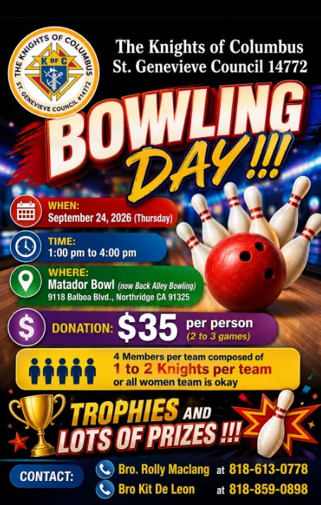 Flyer for St. Genevieve Council 14772 Bowling Day on September 24, 2026, at Matador Bowl
