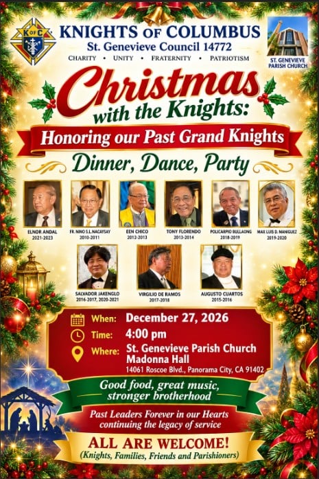 Flyer for Christmas with the Knights honoring the Past Grand Knights on December 27, 2026, at St. Genevieve Parish Church Madonna Hall