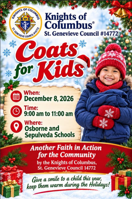 Flyer for the Coats for Kids program on December 8, 2026, from 9:00 to 11:00 a.m. at Sepulveda and Osborne Schools