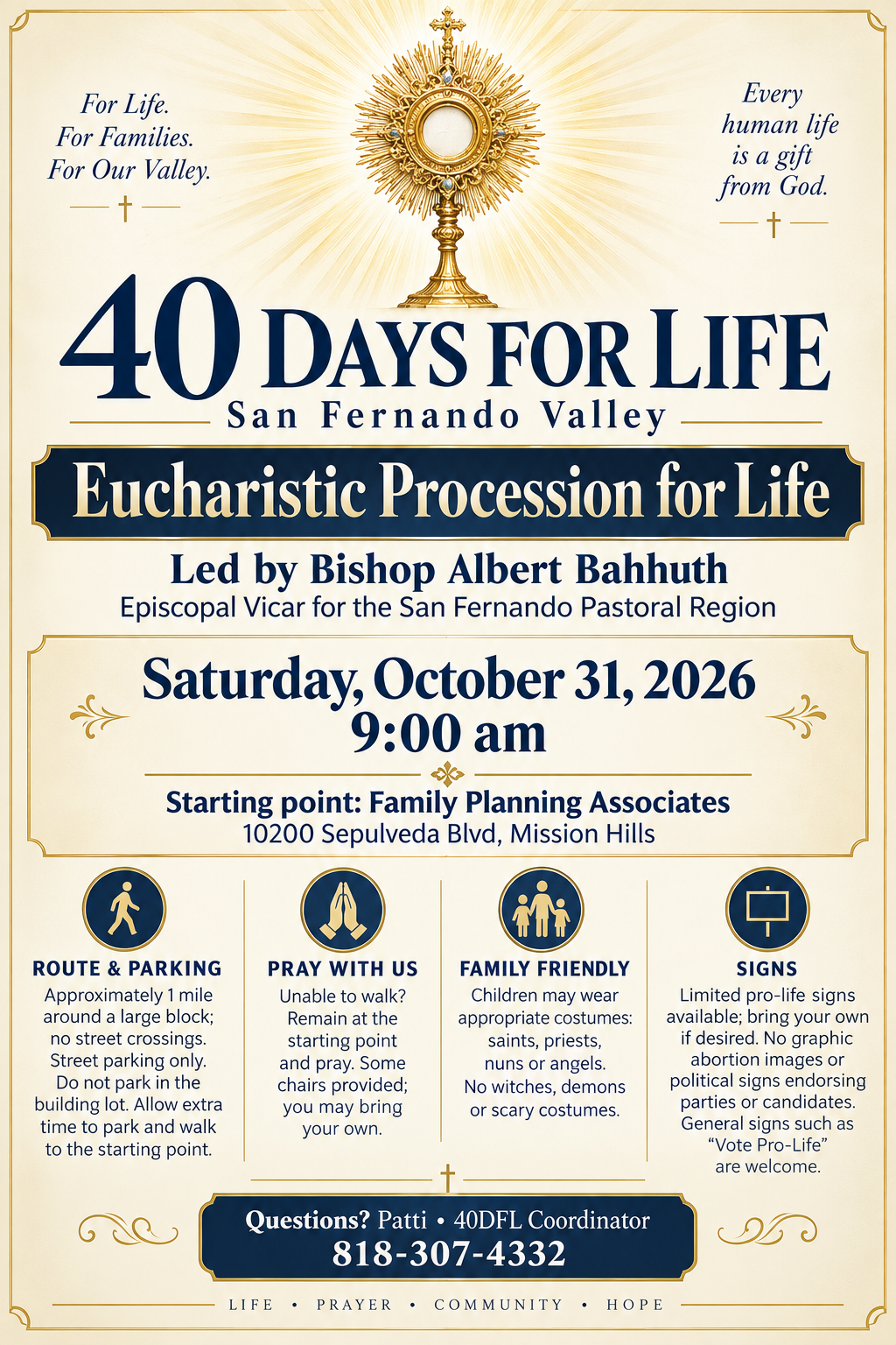 Eucharistic Procession for Life flyer with a gold monstrance, announcing October 31, 2026, at 9:00 a.m., led by Bishop Albert Bahhuth in Mission Hills