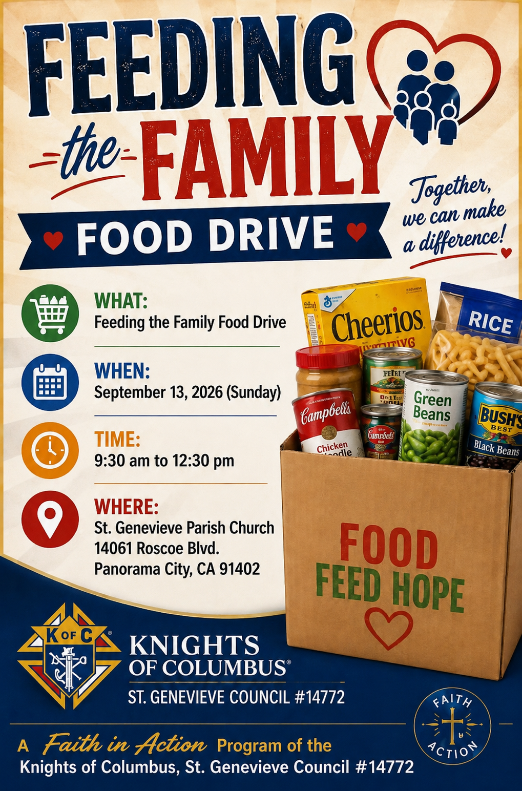 Flyer for the Feeding the Family Food Drive on September 13, 2026, at St. Genevieve Parish Church