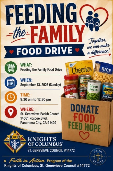 Flyer for the Feeding the Family Food Drive on September 13, 2026, at St. Genevieve Parish Church