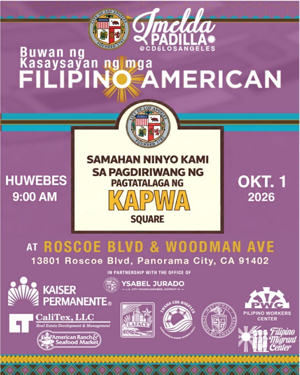 Flyer for the Filipino American History Month celebration and dedication of Kapwa Square on October 1, 2026, at Roscoe Boulevard and Woodman Avenue
