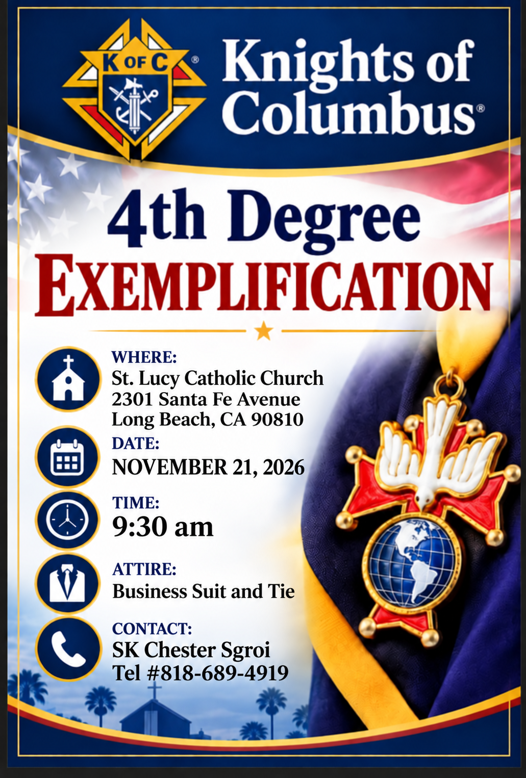 Flyer for the Knights of Columbus Fourth Degree Exemplification on November 21, 2026, at St. Lucy Catholic Church in Long Beach