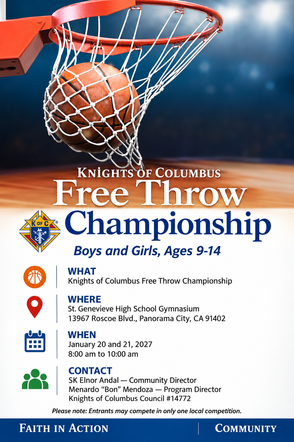 Flyer for the Knights of Columbus Free Throw Championship for boys and girls ages 9 through 14 on January 20 and 21, 2027