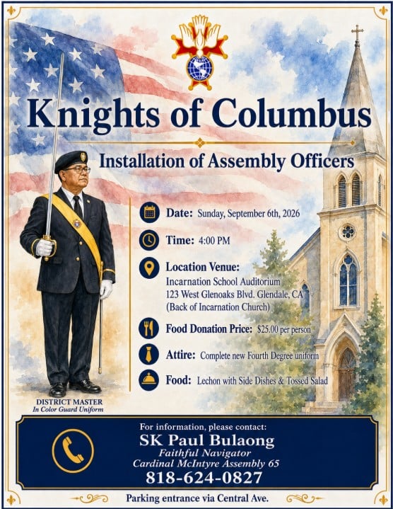 Flyer for the Installation of Assembly Officers on September 6, 2026, at Incarnation School Auditorium in Glendale