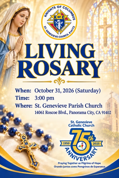 Living Rosary flyer featuring the Virgin Mary, a rosary, and the Council 14772 emblem, announcing October 31, 2026, at 3:00 p.m. at St. Genevieve Parish Church