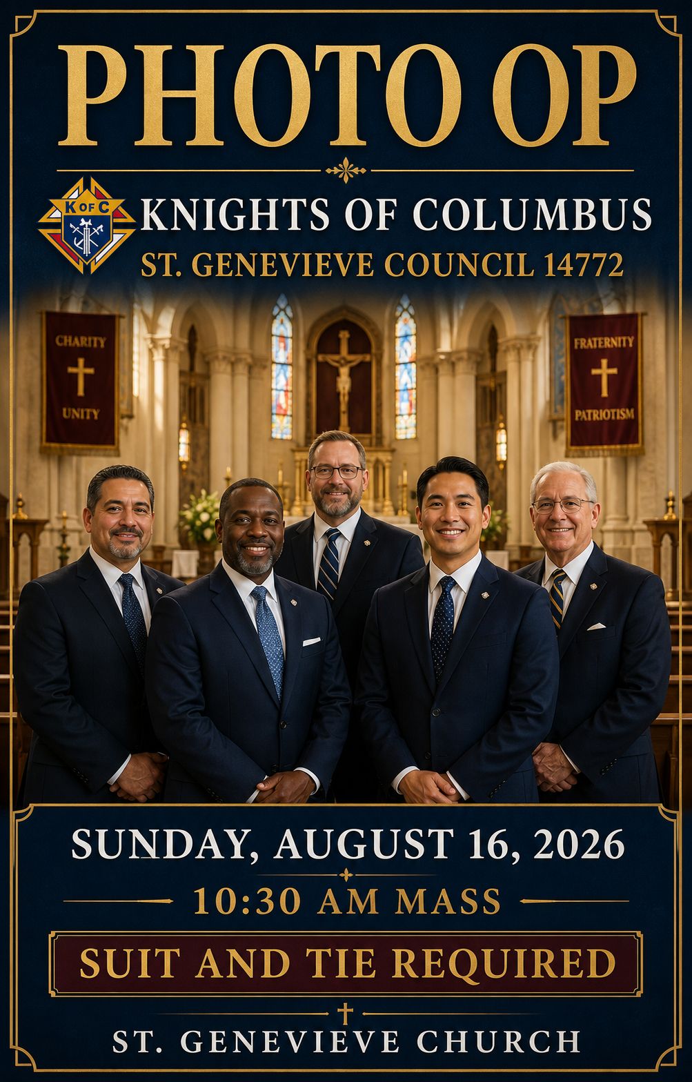 Council Photo Op announcement for August 16, 2026 at the 10:30 a.m. Mass; suit and tie required