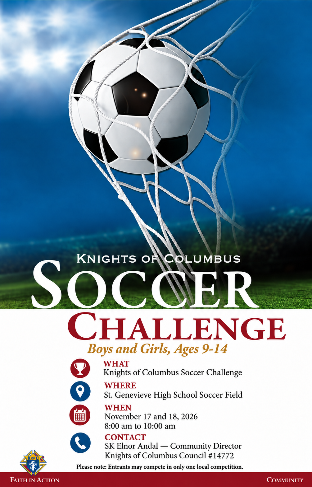 Flyer for the Knights of Columbus Soccer Challenge for boys and girls ages 9 through 14 on November 17 and 18, 2026