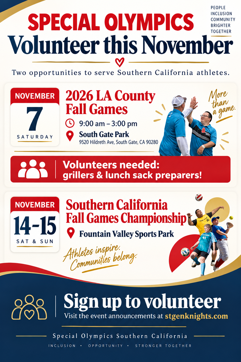 Special Olympics volunteer flyer for the LA County Fall Games on November 7 and Southern California Fall Games Championship on November 14–15, 2026