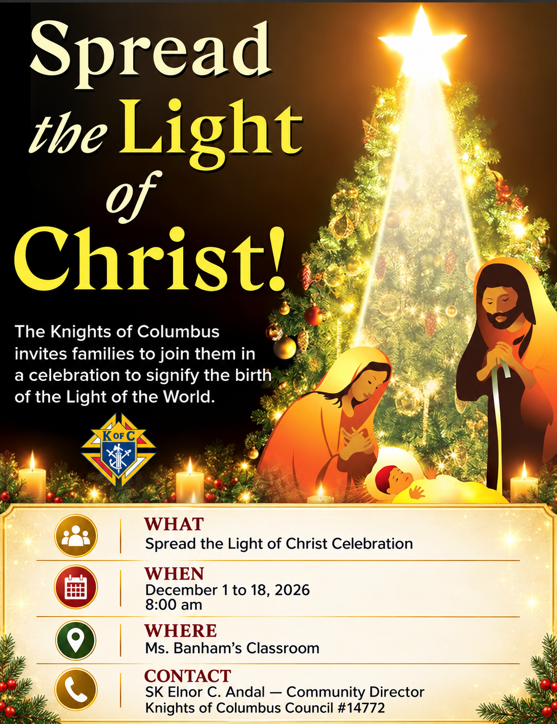 Flyer for the Spread the Light of Christ Celebration from December 1 through 18, 2026, in Ms. Banham’s Classroom