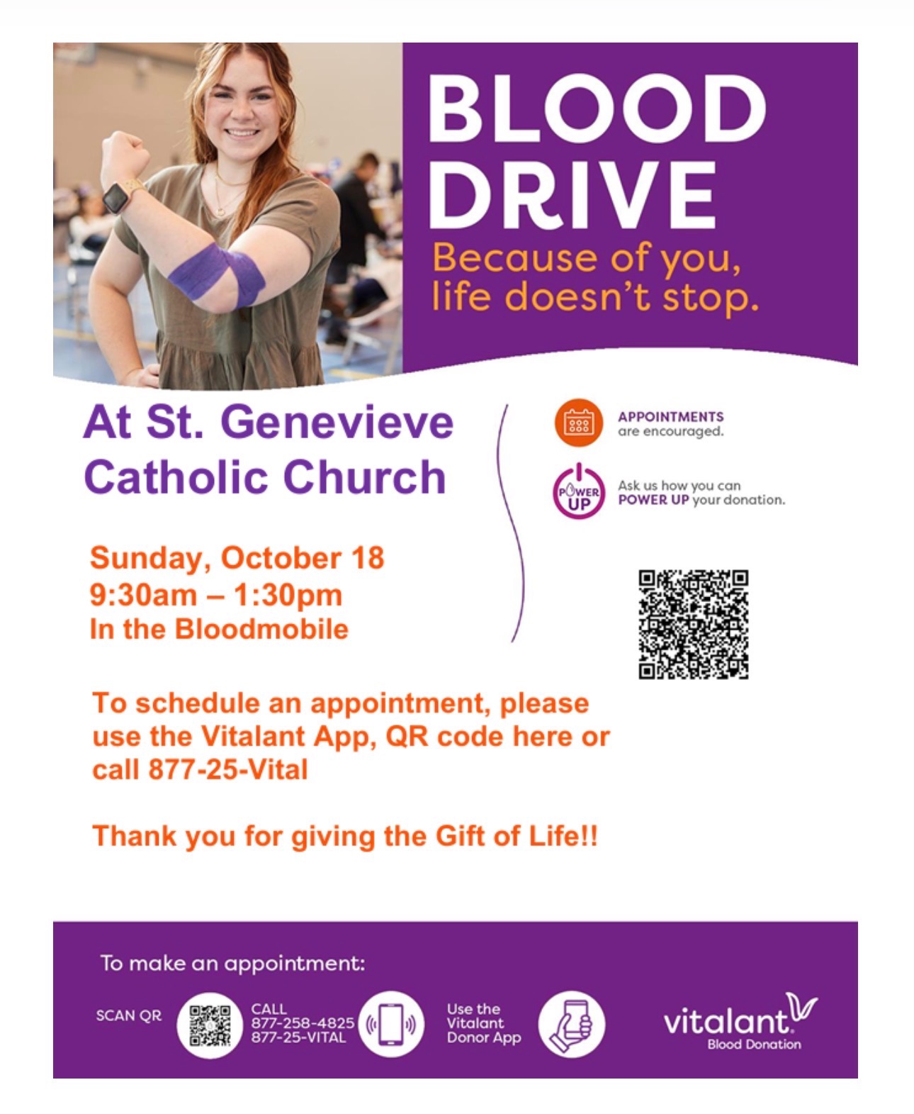 Flyer for the Vitalant Blood Drive at St. Genevieve Catholic Church on October 18, 2026