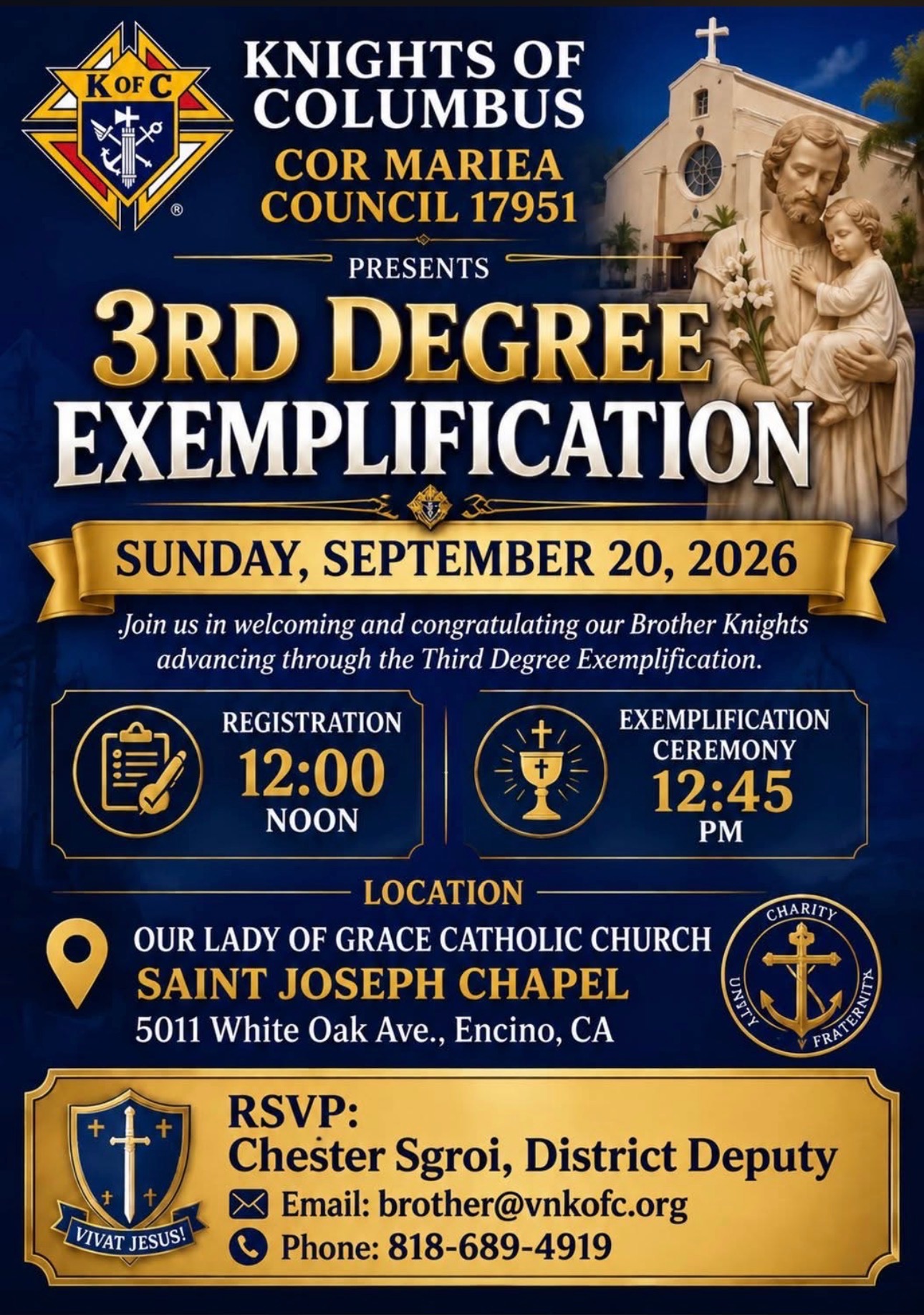 Flyer for the Third Degree Exemplification presented by Cor Mariae Council 17951 on September 20, 2026, at Our Lady of Grace Catholic Church