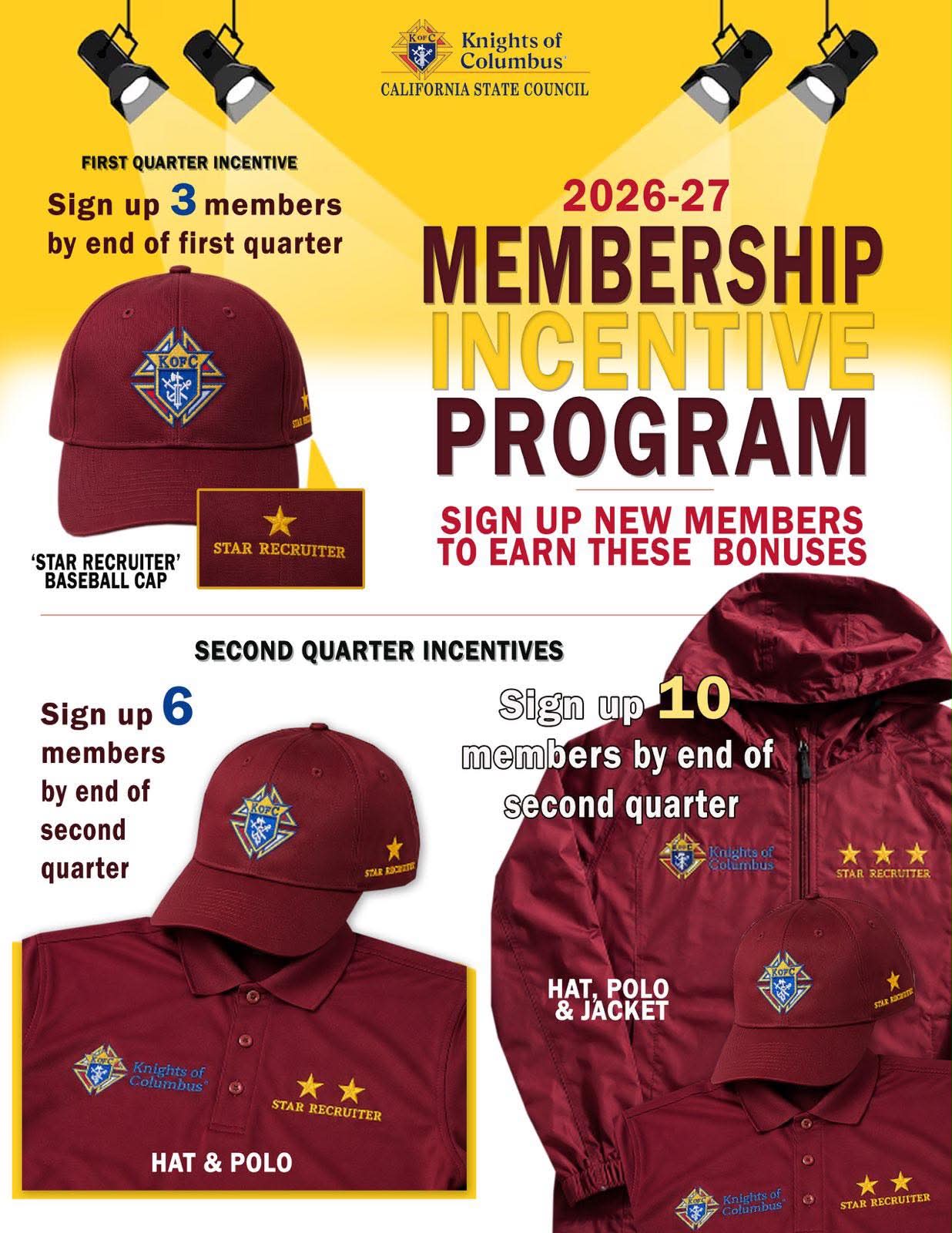 California State Council 2026–27 membership incentive program flyer showing recruiter rewards for signing up 3, 6, or 10 members